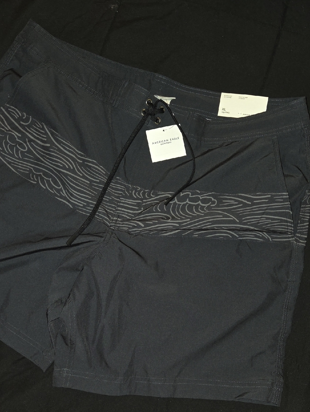 American Eagle Outfitters Black Swim Board Shorts with Wave Stripe